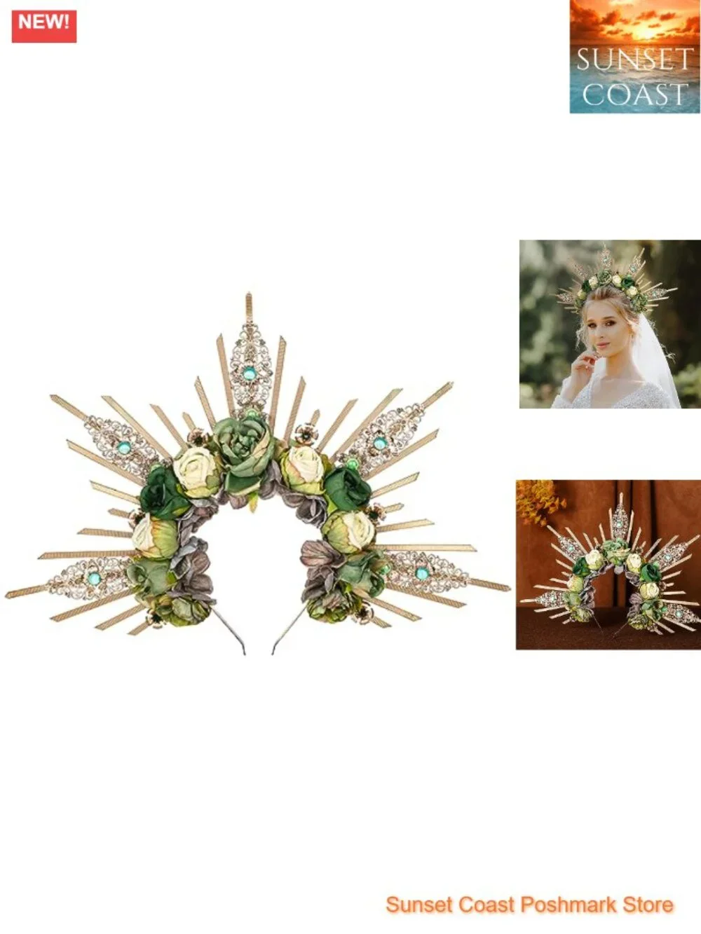 Handmade Green Rose Halo Crown Renfaire Woodland Flower Headpiece for Women